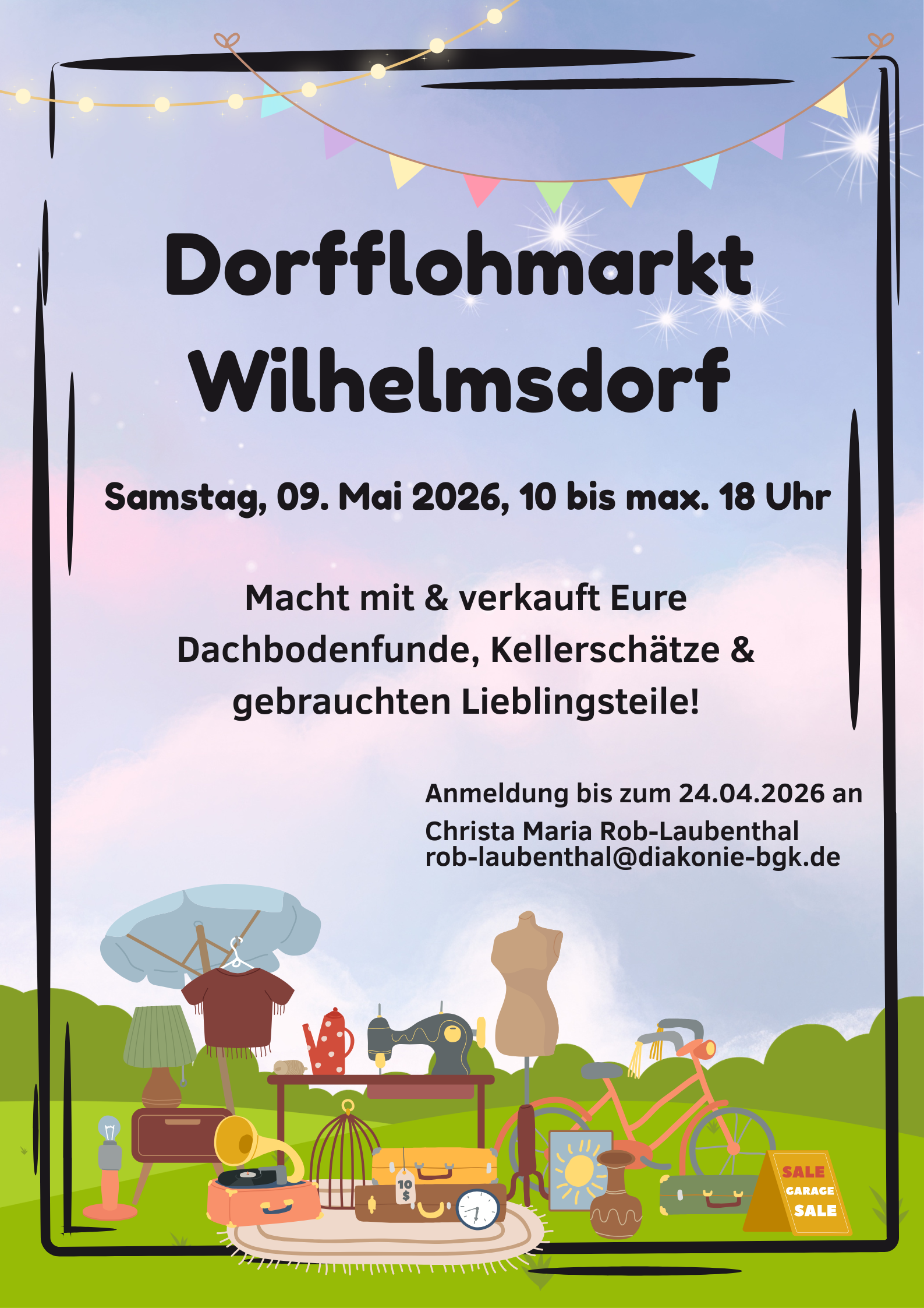 Plakat zum Dorfflohmarkt Wilhelmsdorf am 9. Mai 2026 mit Informationen zur Anmeldung.